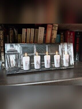 Faith Candle Wall Art – Neutral Gray Home Accent With Light Up Candles